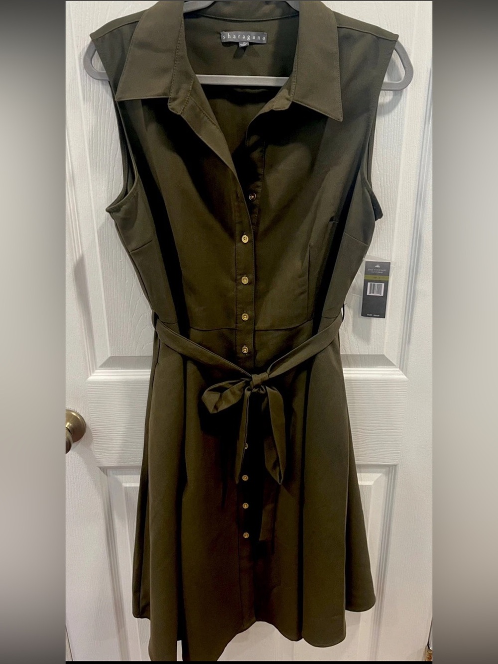 NWT Sharagano Olive Green Button Front Shirt Dress Belted Midi Dress Size 14